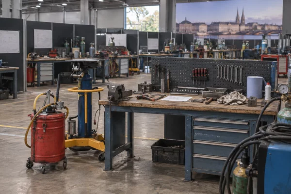 Des établis et des équipements de mécanique attendent les jeunes candidats dans un hall d’exposition aménagé pour des épreuves professionnelles.