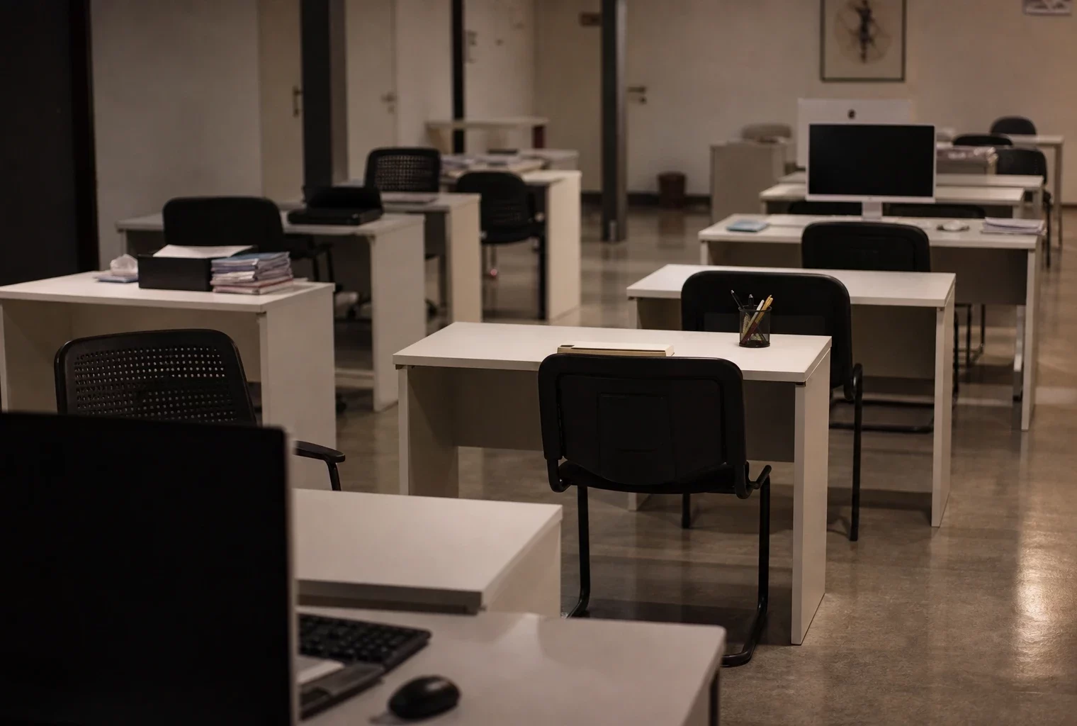 Bureau d’administration publique presque vide, écrans éteints et postes de travail désertés sous lumière chaude du soir.
