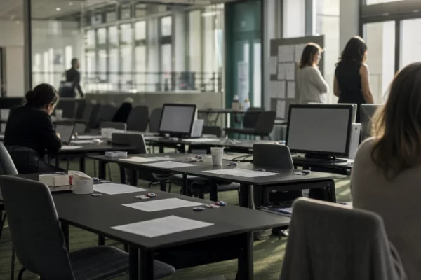 Bureau parisien de primaire avec tables d’émargement, ordinateurs éteints, badges et rangées de chaises en arrière-plan.
