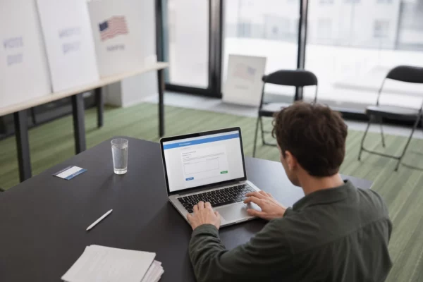 Dans une permanence de campagne, un électeur utilise un ordinateur portable sur une table, avec affiches floues et chaises en fond.