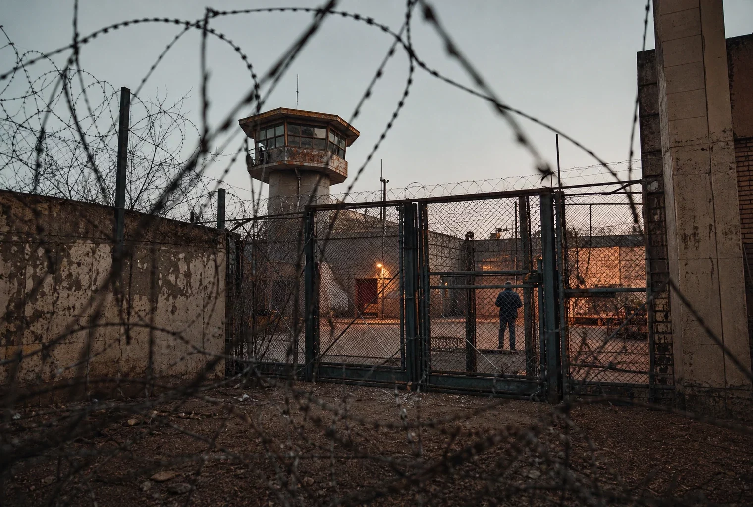Vue d’une prison algérienne derrière des barbelés, avec portail, murs d’enceinte et bâtiments de détention en arrière-plan.