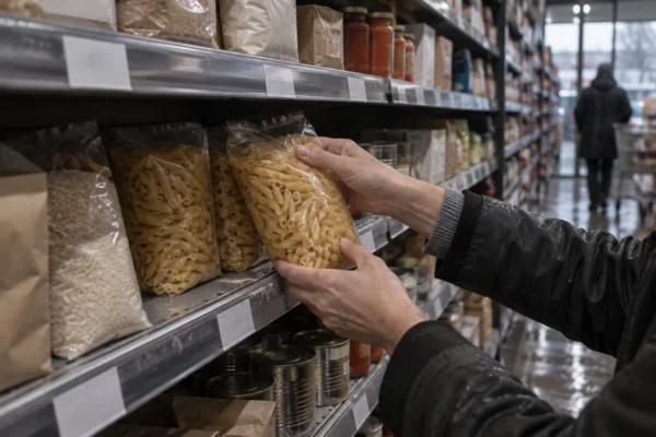 Une main choisit un produit alimentaire devant des rayons de supermarché garnis et des étiquettes de prix neutres.