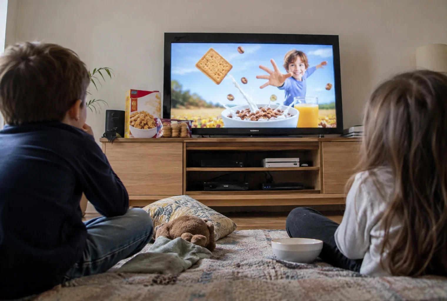 Téléviseur diffusant une publicité colorée pour des produits alimentaires emballés, avec des paquets de biscuits et de céréales à proximité.