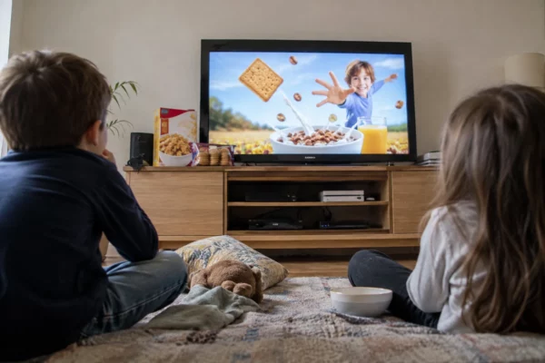 Téléviseur diffusant une publicité colorée pour des produits alimentaires emballés, avec des paquets de biscuits et de céréales à proximité.