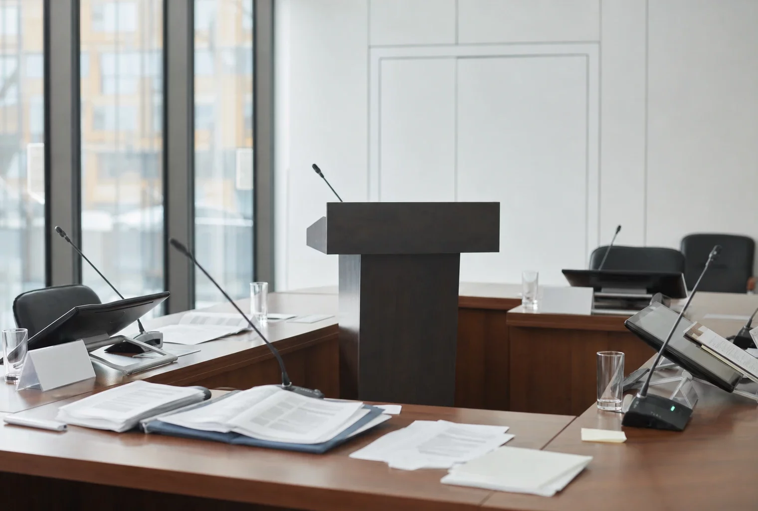 Pupitre vide au centre d’une salle de travail à l’Élysée, dossiers ouverts et tables encombrées sous lumière grise.