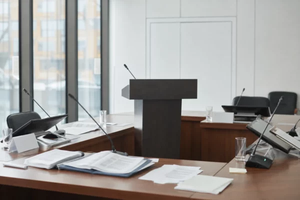 Pupitre vide au centre d’une salle de travail à l’Élysée, dossiers ouverts et tables encombrées sous lumière grise.
