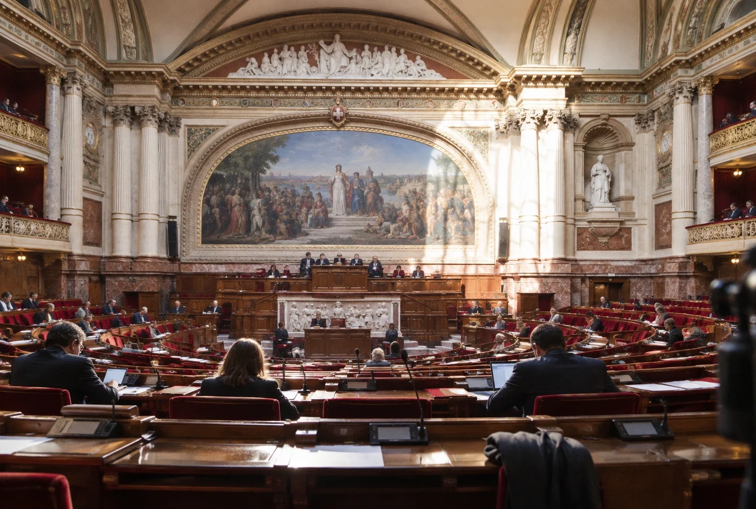 Rangées de pupitres avec microphones et boîtiers de vote dans un hémicycle orné, avec sièges et tribunes en arrière-plan.