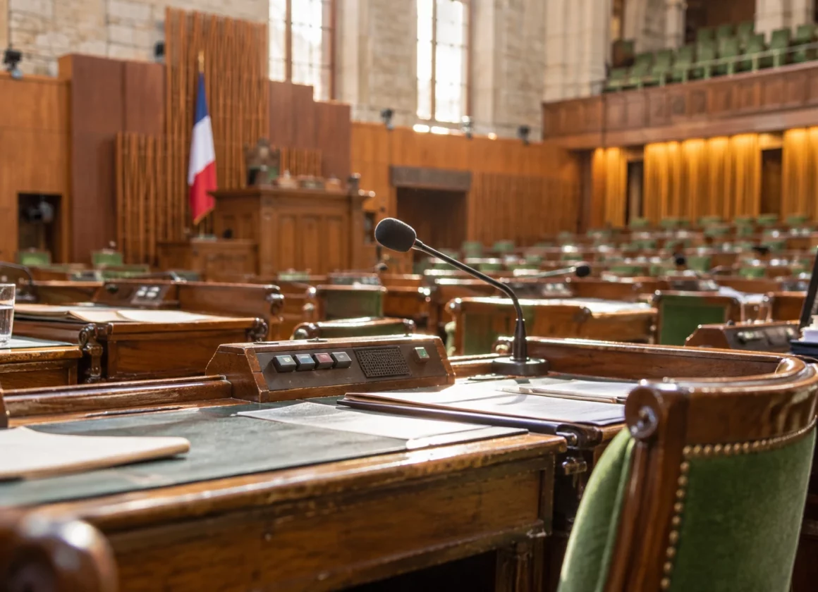 Gros plan sur des pupitres en bois usés, équipés de microphones et de boîtiers de vote, dans un hémicycle parlementaire.