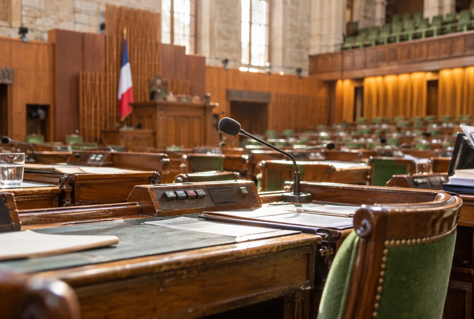 Gros plan sur des pupitres en bois usés, équipés de microphones et de boîtiers de vote, dans un hémicycle parlementaire.