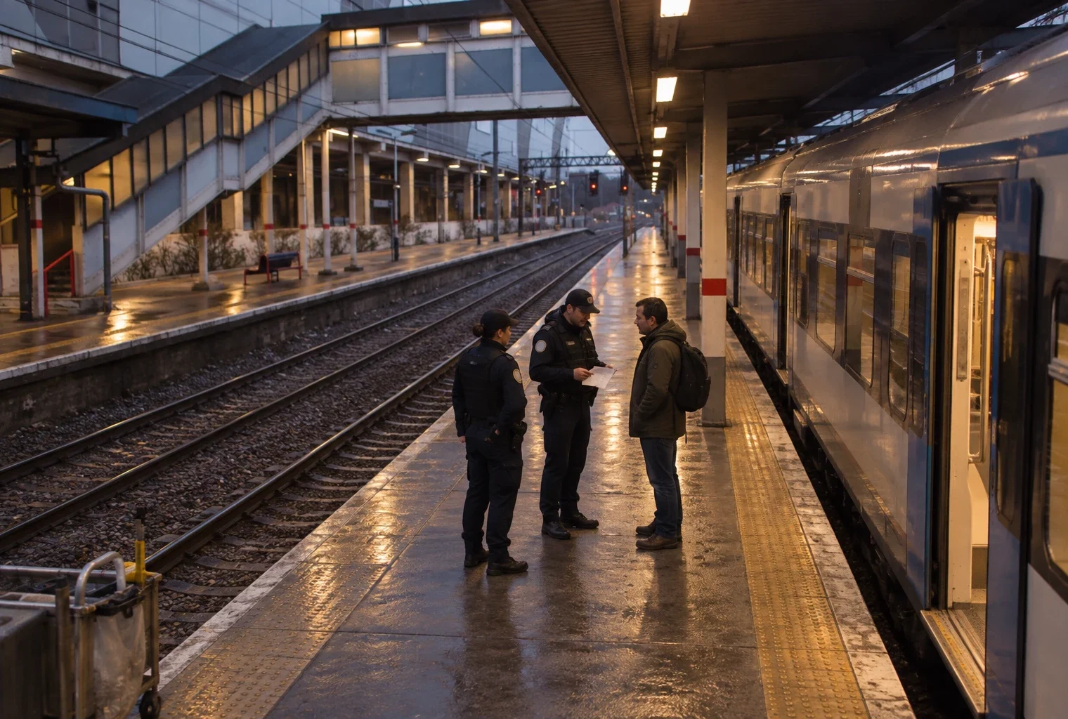 Un quai de gare sous éclairage chaud, un train à l’arrêt et deux policiers échangeant avec un voyageur près des bandes de sécurité.