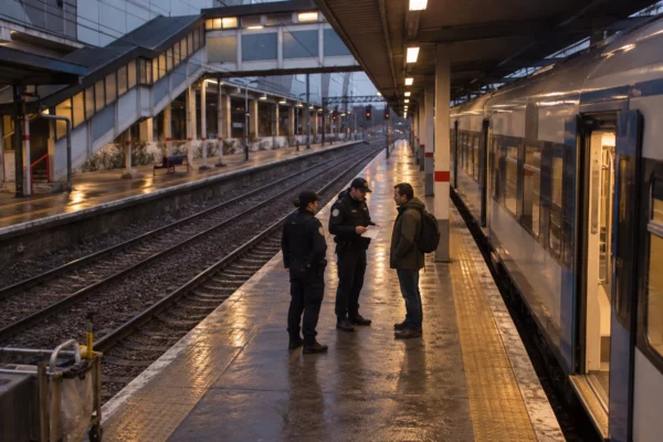 Un quai de gare sous éclairage chaud, un train à l’arrêt et deux policiers échangeant avec un voyageur près des bandes de sécurité.
