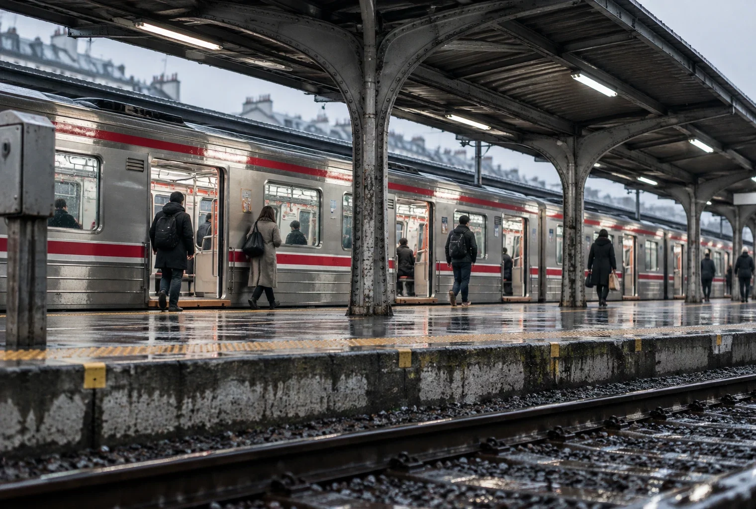 Un quai de gare parisienne sous la pluie, avec un train à l’arrêt, portes ouvertes et rails brillants.
