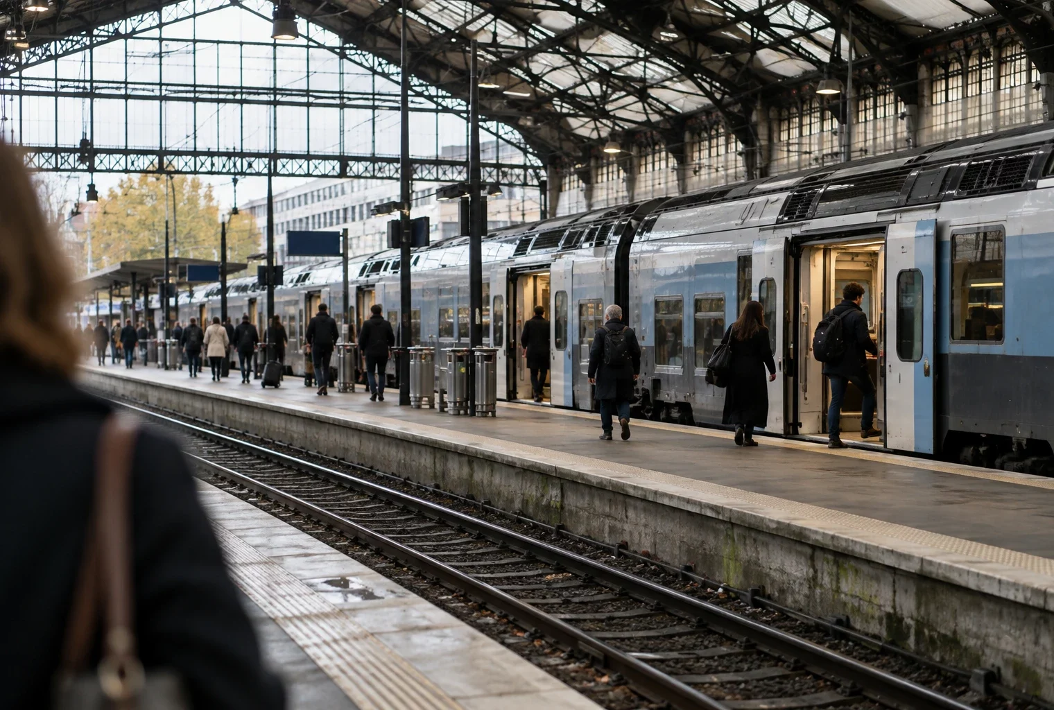 Un train à l’arrêt, portes ouvertes, longe un quai parisien sous la charpente métallique d’une grande gare.