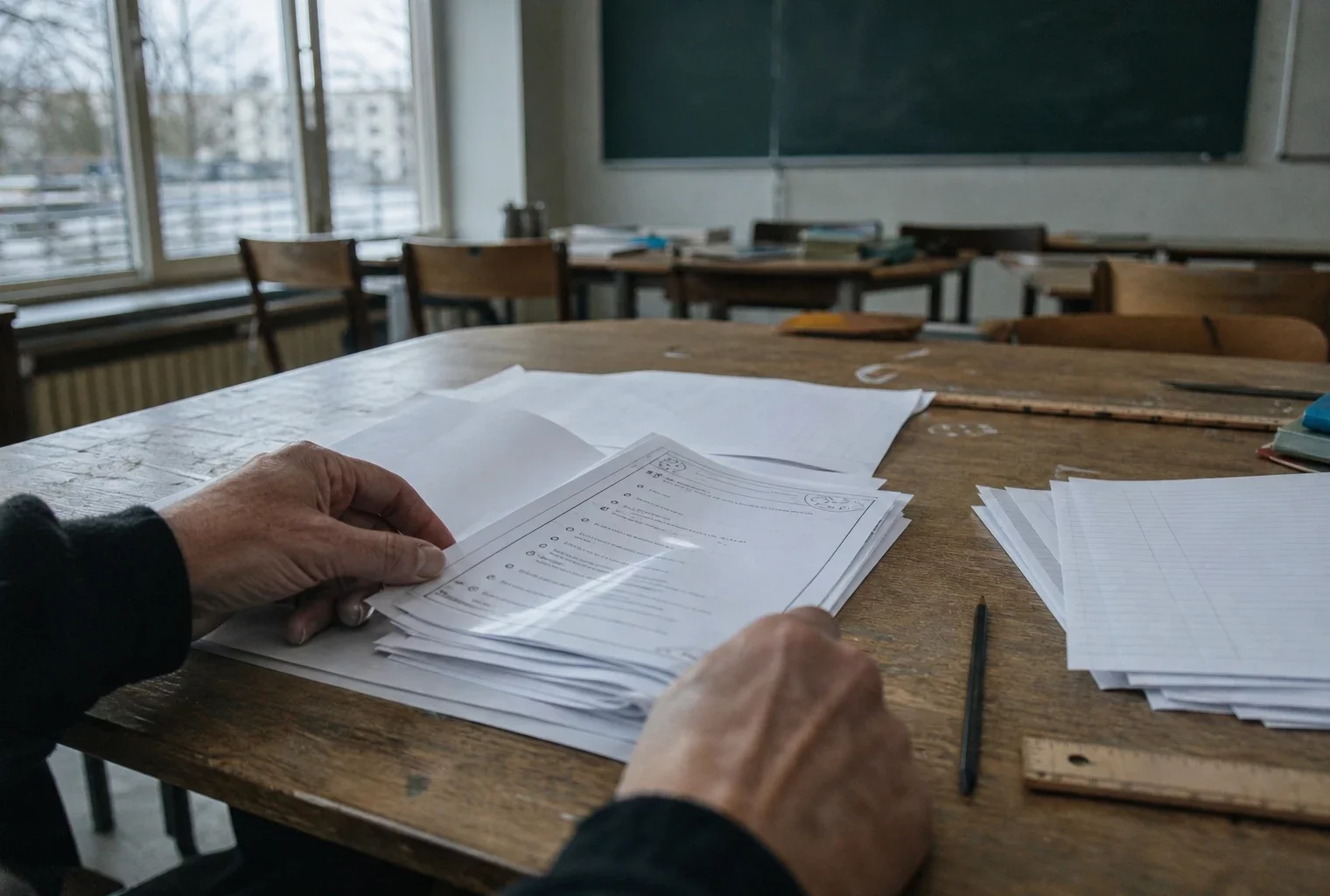 Feuilles de questionnaire sur le harcèlement posées sur un bureau d’école, mains d’adulte en train de les feuilleter.
