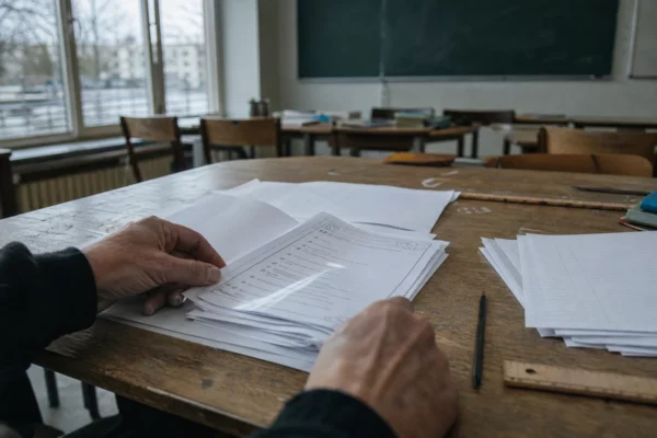 Feuilles de questionnaire sur le harcèlement posées sur un bureau d’école, mains d’adulte en train de les feuilleter.