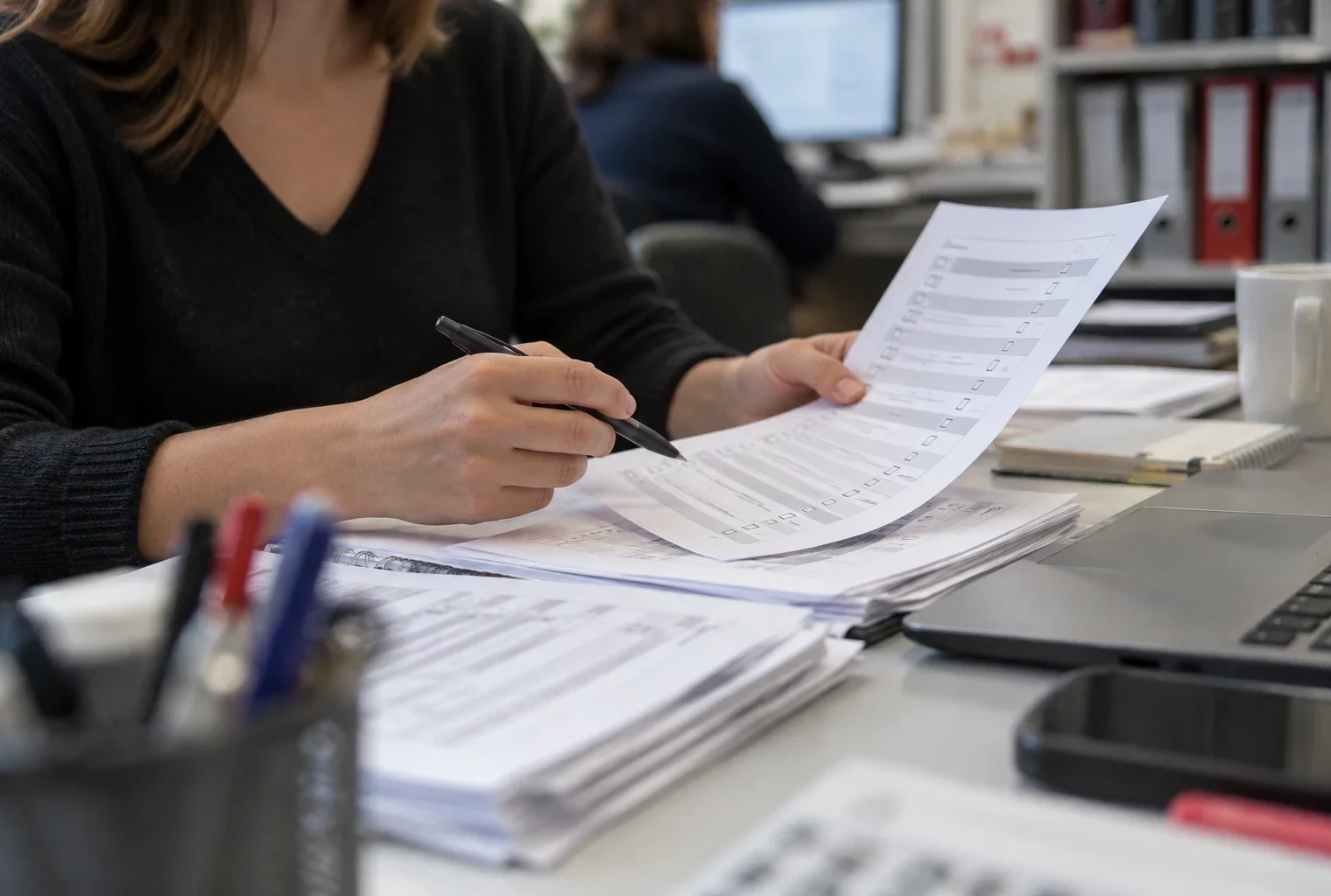 Des questionnaires anonymes de sondage électoral, avec des cases de réponse sur des feuilles posées dans un espace de travail.