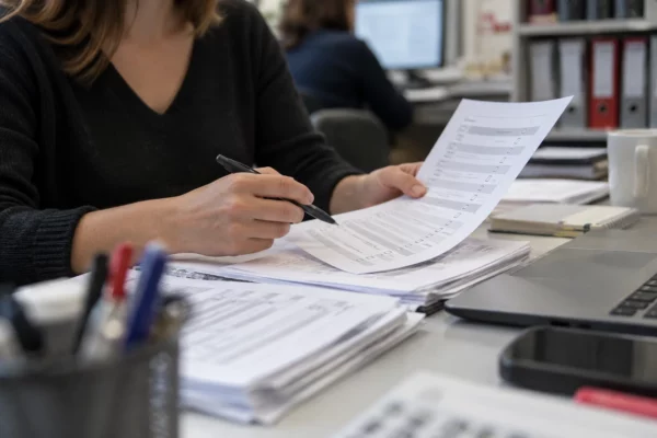Des questionnaires anonymes de sondage électoral, avec des cases de réponse sur des feuilles posées dans un espace de travail.