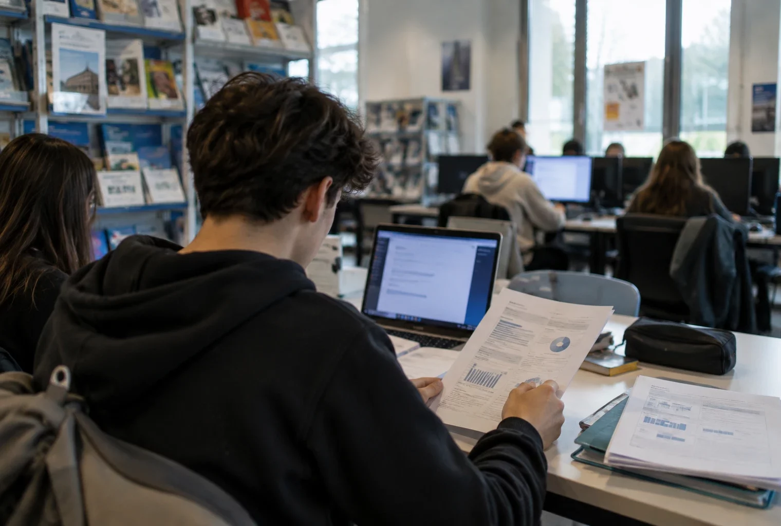 Dossier d’orientation et rapports d’admission posés sur une table dans un espace de documentation scolaire avec des ordinateurs.