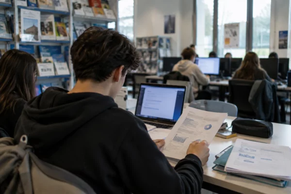 Dossier d’orientation et rapports d’admission posés sur une table dans un espace de documentation scolaire avec des ordinateurs.