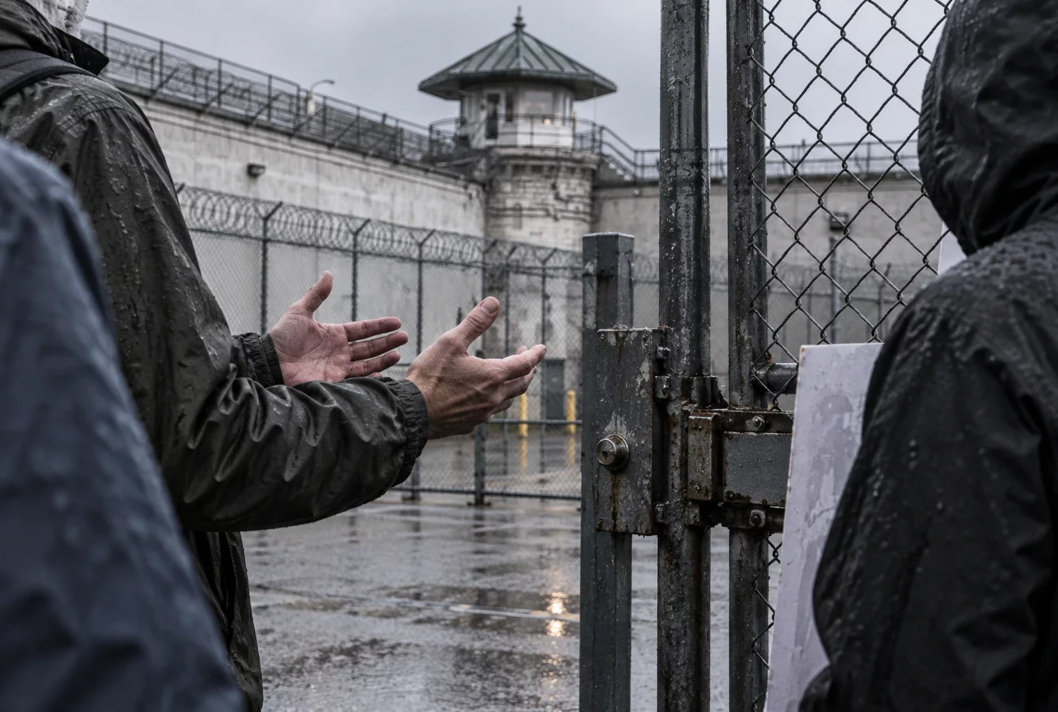 Des mains gesticulent près d’un portail grillagé sous la pluie, devant les murs et les clôtures d’un centre de rétention.