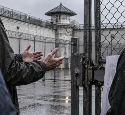 Des mains gesticulent près d’un portail grillagé sous la pluie, devant les murs et les clôtures d’un centre de rétention.