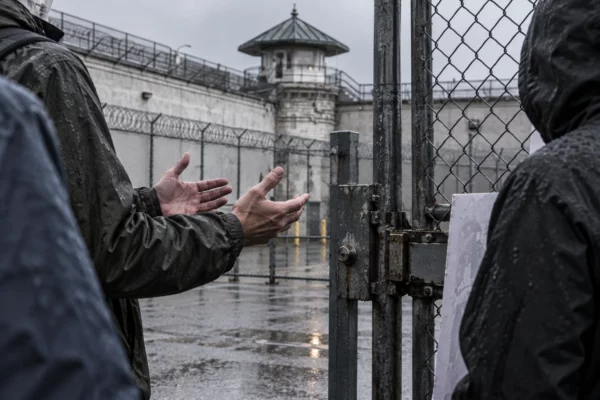 Des mains gesticulent près d’un portail grillagé sous la pluie, devant les murs et les clôtures d’un centre de rétention.