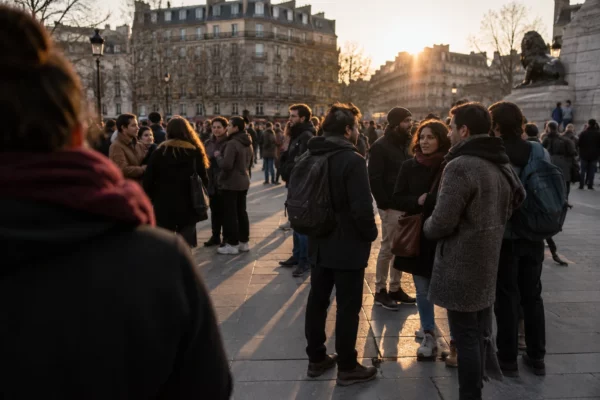 Des personnes réunies en petits groupes dans une rue urbaine, entre des façades et du mobilier de rue ordinaires.