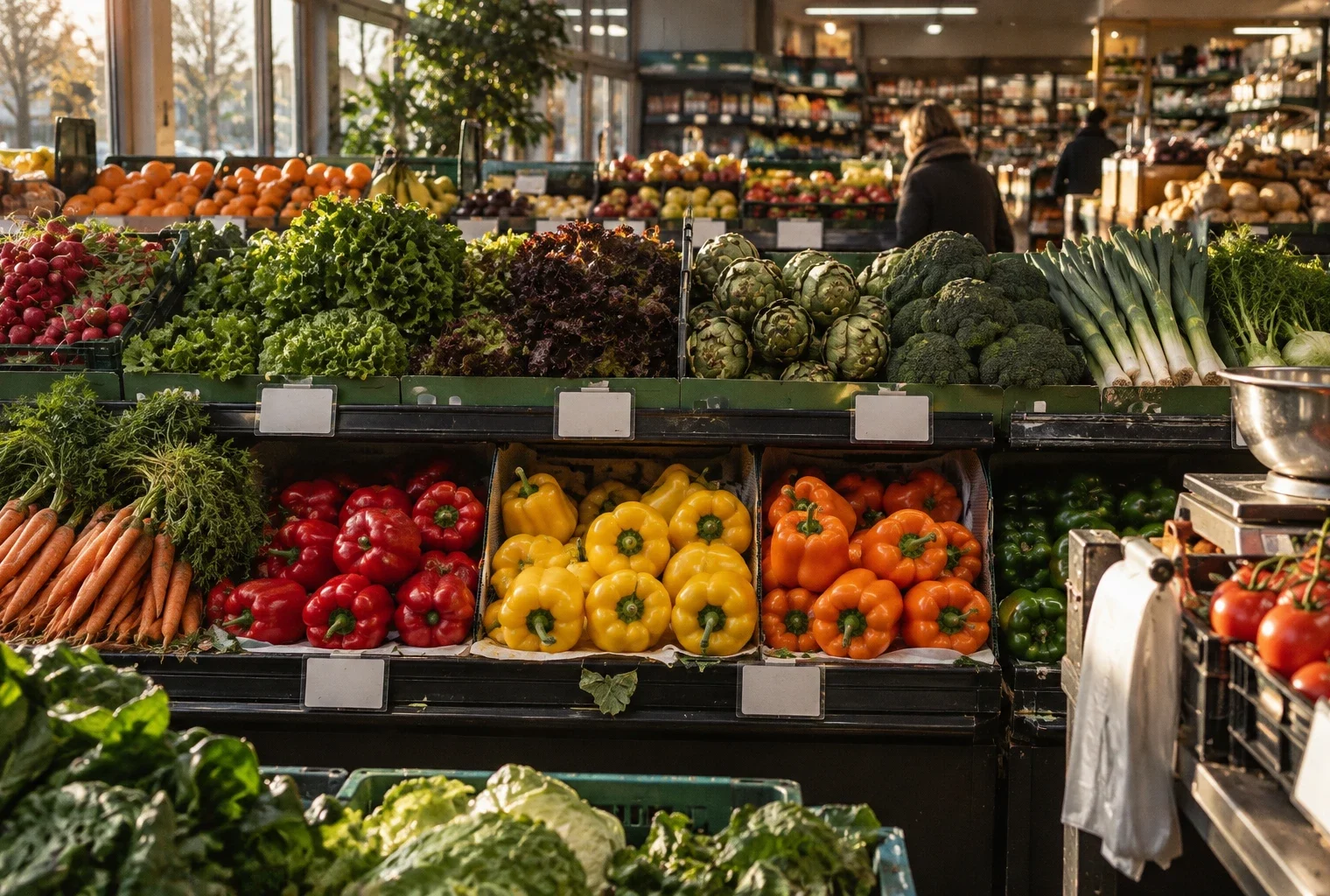 Des fruits et légumes frais garnissent des bacs réfrigérés dans un rayon de supermarché, avec des étiquettes vierges.