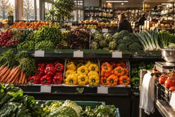 Des fruits et légumes frais garnissent des bacs réfrigérés dans un rayon de supermarché, avec des étiquettes vierges.
