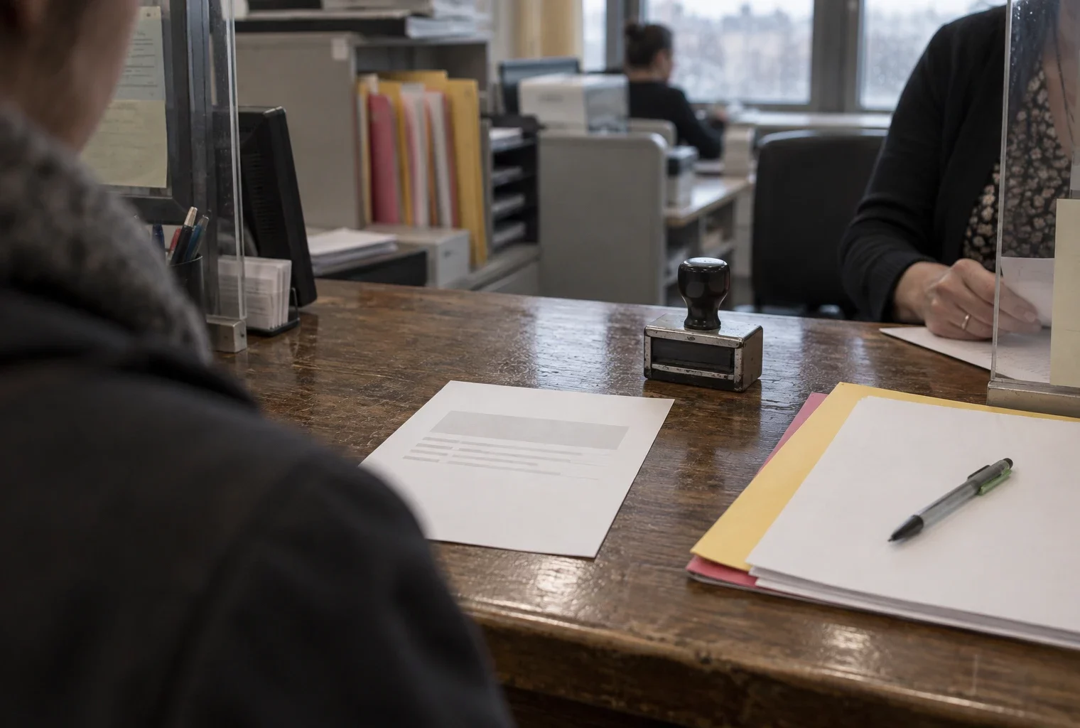 Un récépissé administratif vierge et un tampon sur un comptoir de préfecture, avec des dossiers rangés derrière le guichet.