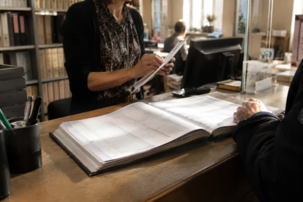 Registre électoral ouvert sur le comptoir d’un service municipal, parmi des livres et dossiers administratifs aux pages indistinctes.