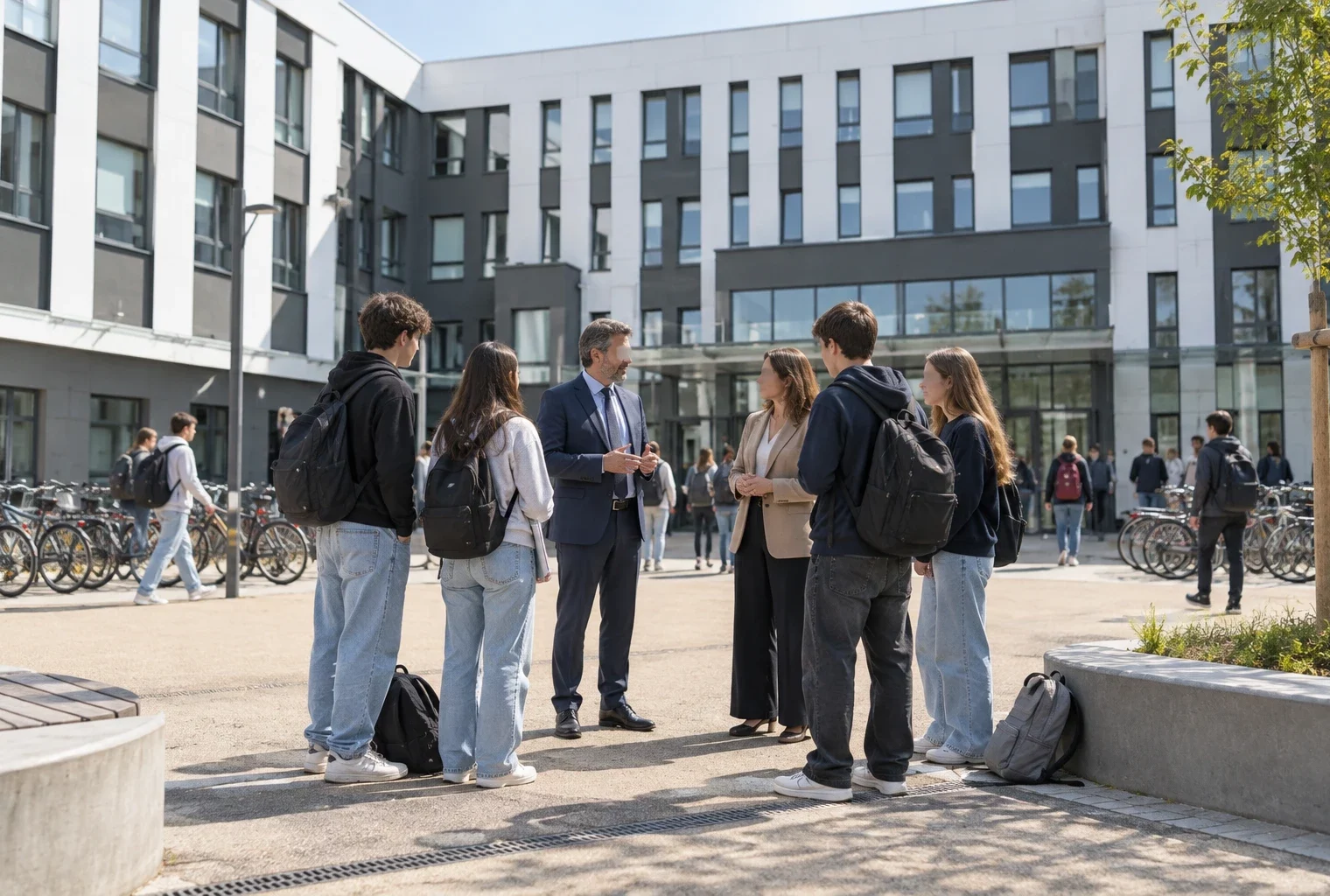 Dans une cour de lycée, des élèves échangent avec deux adultes près de sacs, de casiers à vélos et d’une façade moderne.