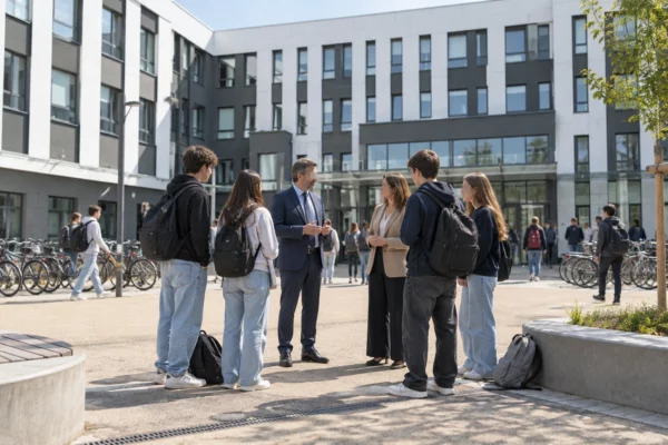 Dans une cour de lycée, des élèves échangent avec deux adultes près de sacs, de casiers à vélos et d’une façade moderne.