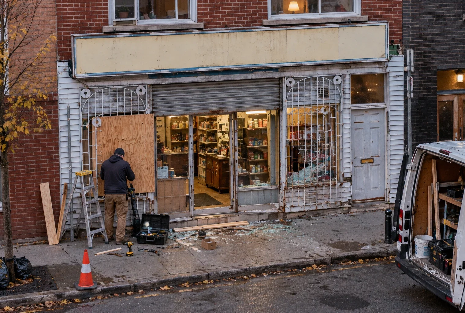 Devanture d’un commerce endommagée, avec vitrine en réparation, panneau de contreplaqué, outils et débris de verre au sol.
