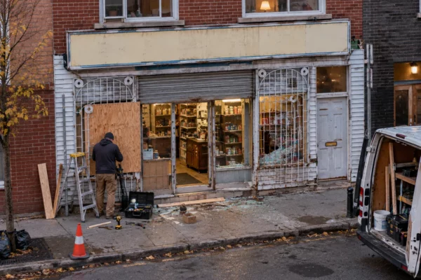 Devanture d’un commerce endommagée, avec vitrine en réparation, panneau de contreplaqué, outils et débris de verre au sol.