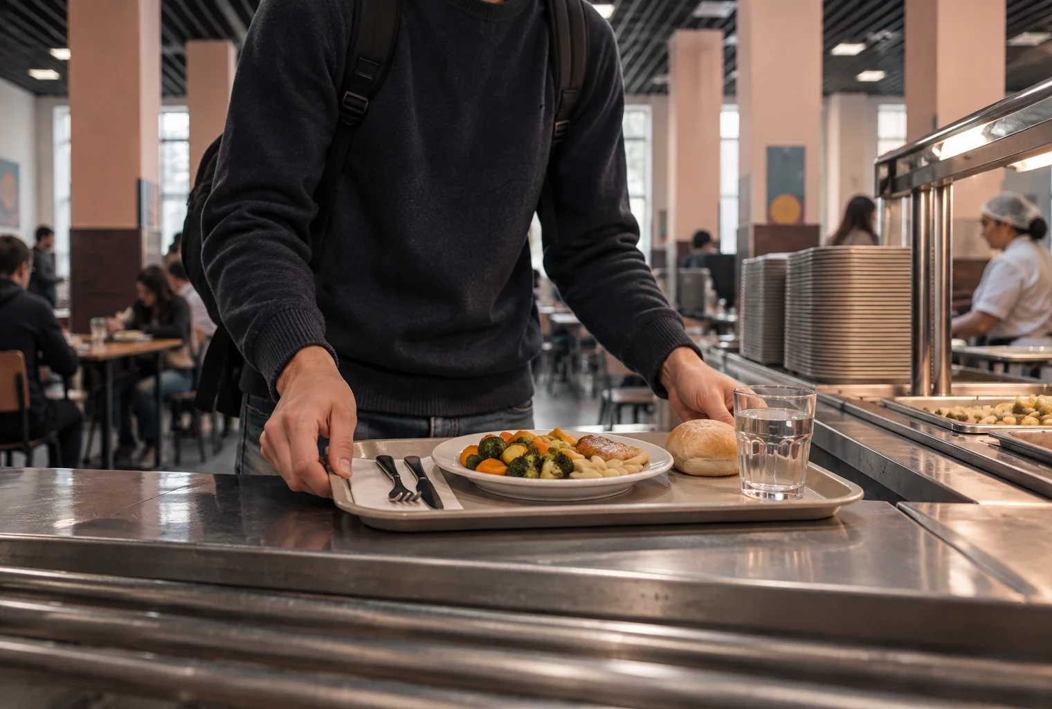 Des mains posent un plateau-repas simple près du comptoir d’un restaurant universitaire, avec des plateaux empilés en arrière-plan.