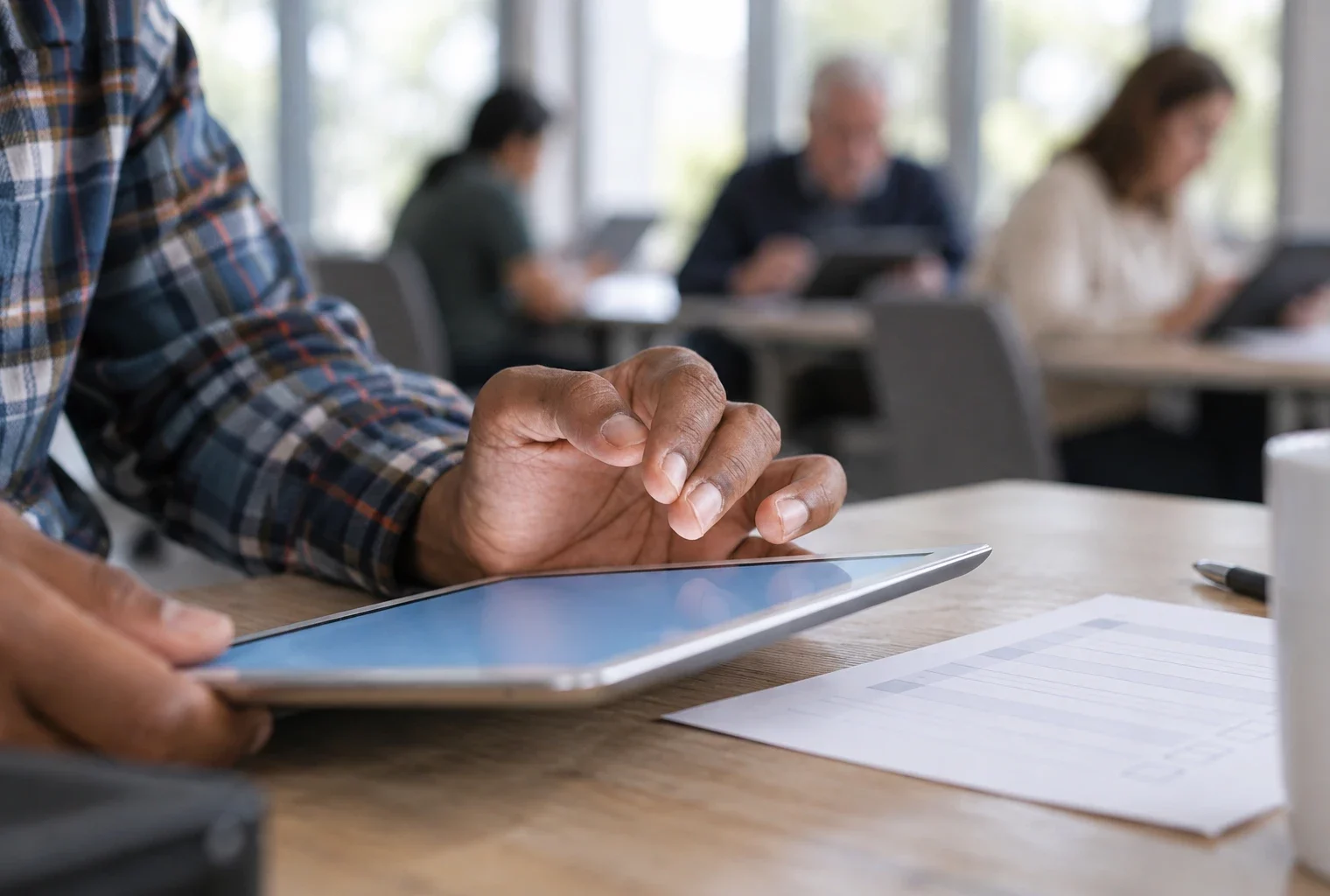 Des mains répondent à une enquête sur une tablette, avec un questionnaire vierge posé sur la table et d’autres participants en arrière-plan.