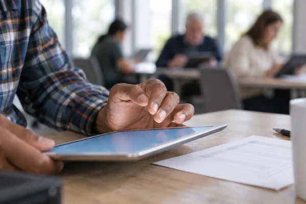 Des mains répondent à une enquête sur une tablette, avec un questionnaire vierge posé sur la table et d’autres participants en arrière-plan.