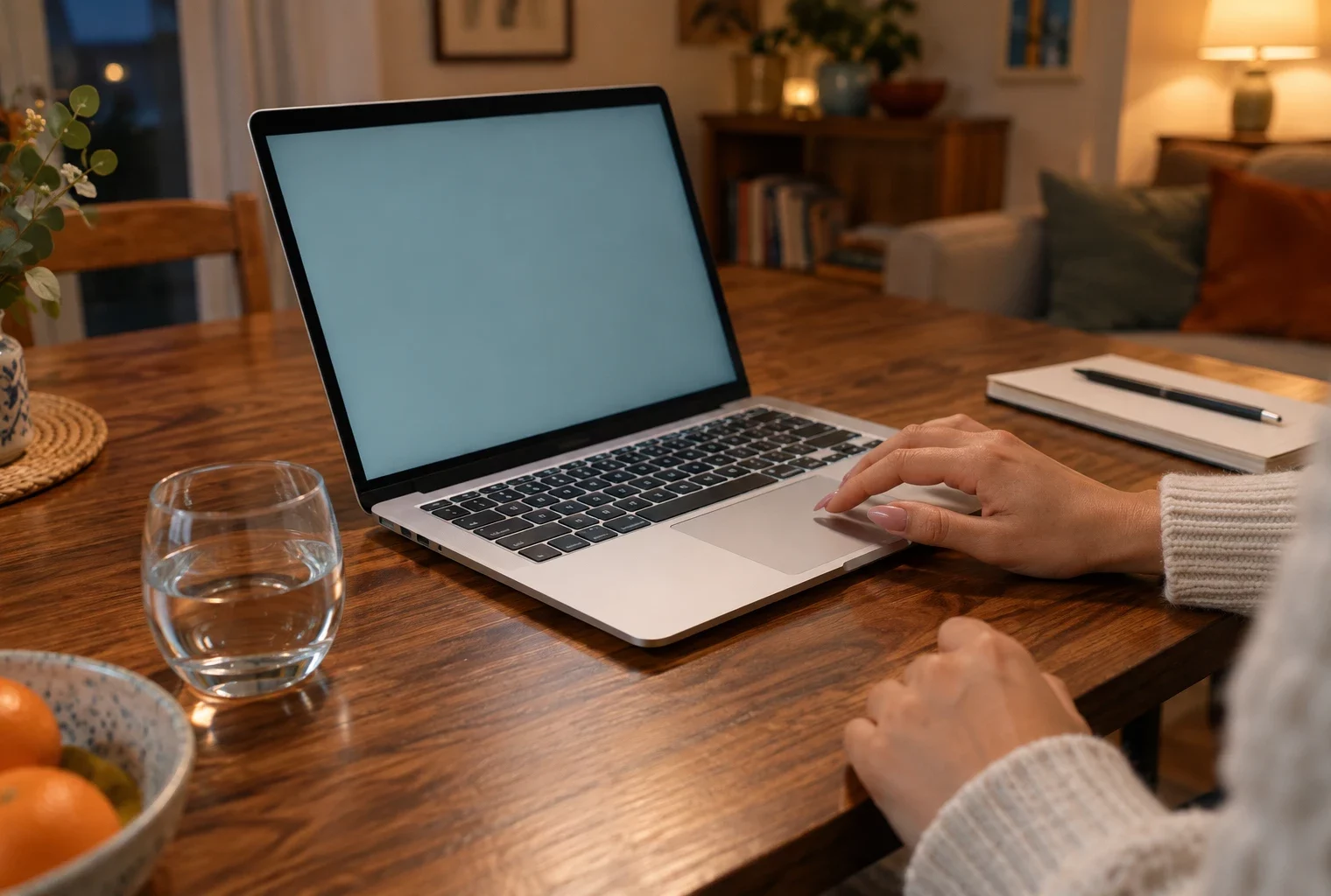 Une personne répond à un questionnaire anonyme sur un ordinateur portable posé sur une table en bois, dans un intérieur sobre.