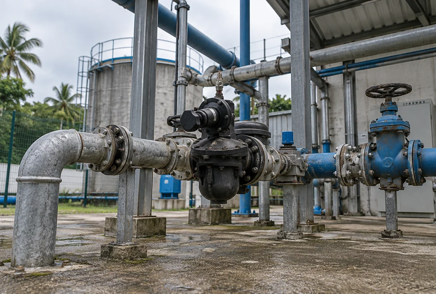 Conduites, vannes et raccords usés dans un site de distribution d’eau potable en Guadeloupe.