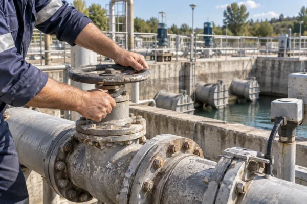 Des mains tournent une vanne métallique parmi de grosses conduites et des équipements usés d’une installation de distribution d’eau.
