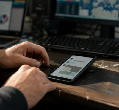 Smartphone posé sur un bureau d’analyse numérique, avec écrans de suivi flous et mains entrant dans le cadre.