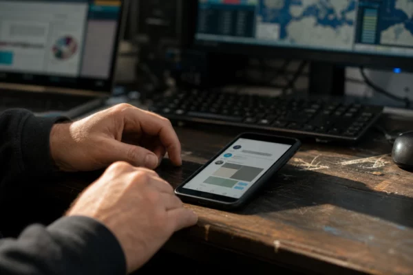 Smartphone posé sur un bureau d’analyse numérique, avec écrans de suivi flous et mains entrant dans le cadre.