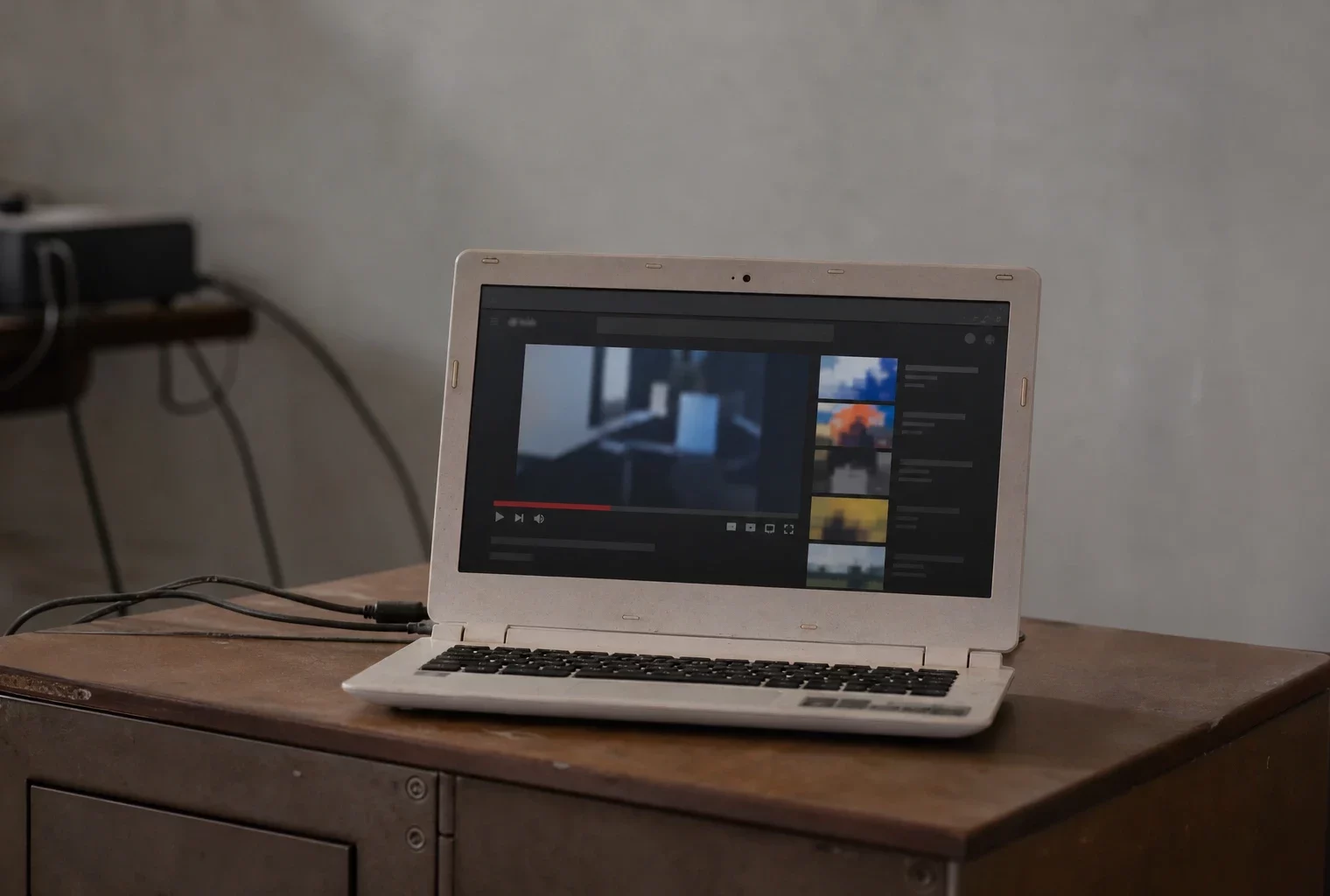 Ordinateur portable ouvert sur une plateforme vidéo, posé sur un bureau simple avec câbles et mur neutre en arrière-plan.