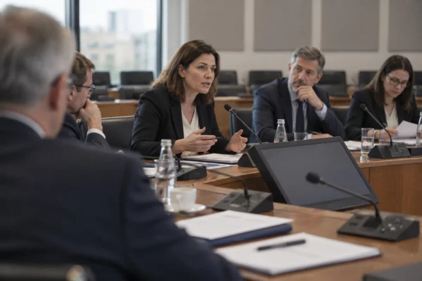 Une intervenante et des collègues réunis autour d’une table en bois, avec microphones et dossiers dans une salle de réunion.