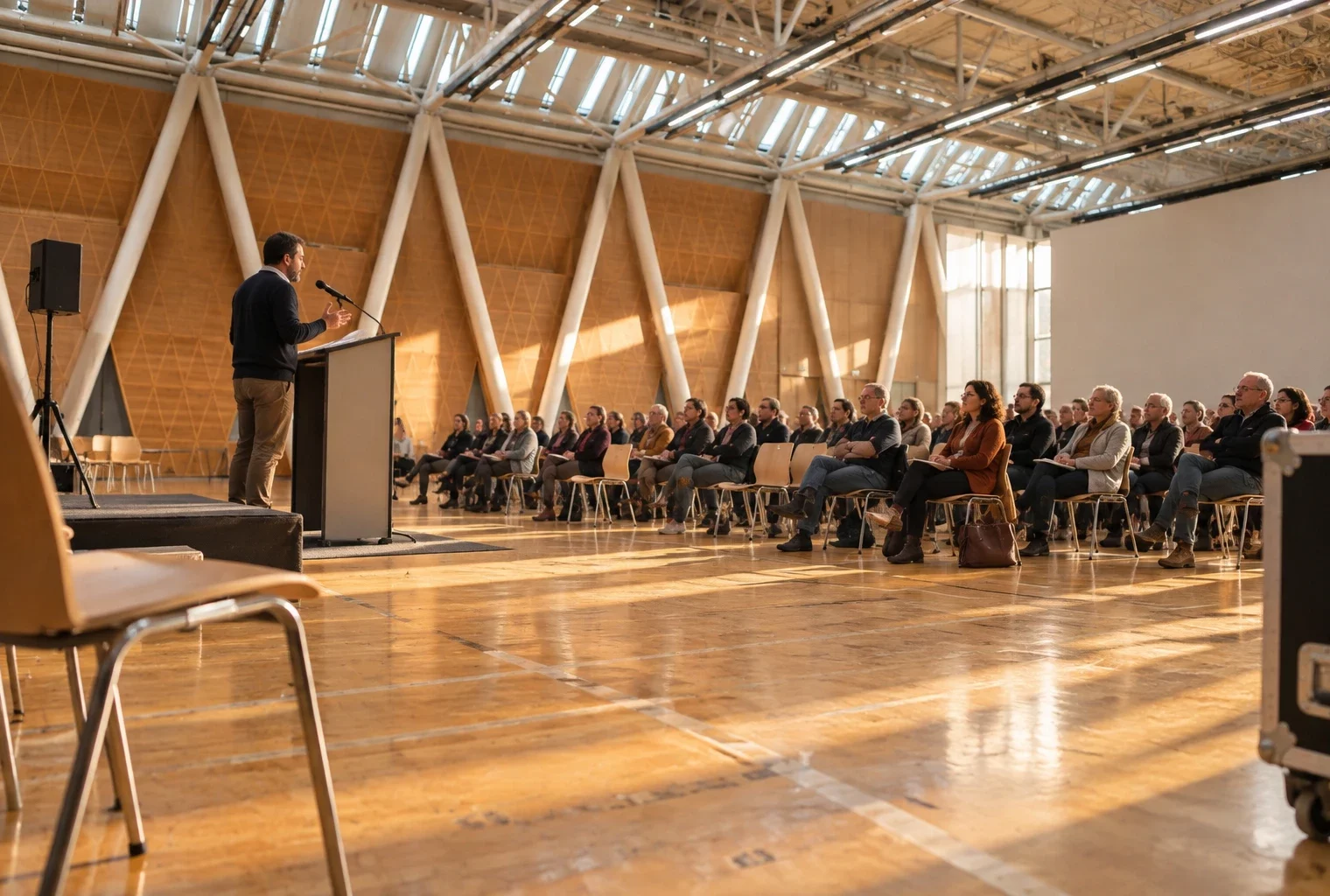 Réunion de soutiens dans une salle communale, avec un pupitre à microphone, des chaises et un sol marqué par l’usage.