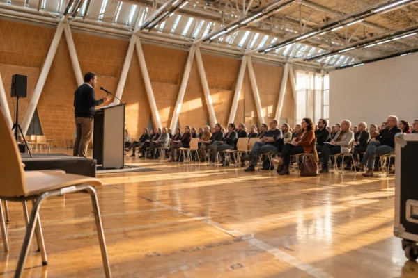 Réunion de soutiens dans une salle communale, avec un pupitre à microphone, des chaises et un sol marqué par l’usage.