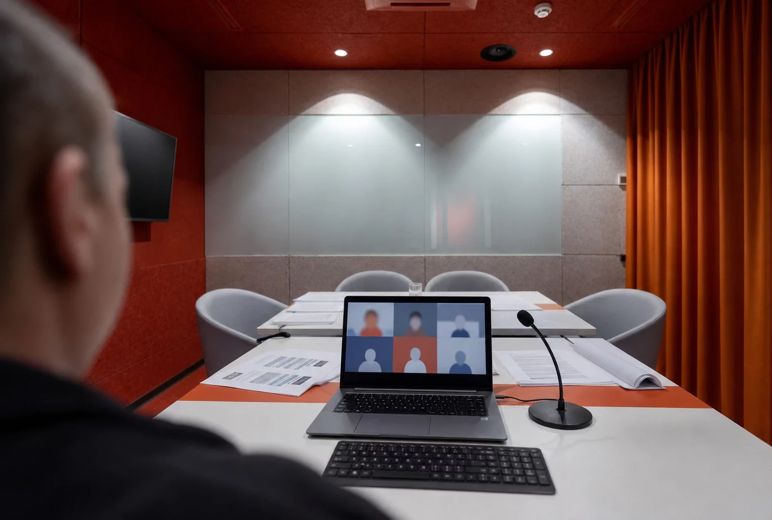 Réunion politique vue par-dessus l’épaule, avec ordinateur portable allumé, micro de table et dossiers dans une salle feutrée.