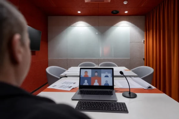 Réunion politique vue par-dessus l’épaule, avec ordinateur portable allumé, micro de table et dossiers dans une salle feutrée.