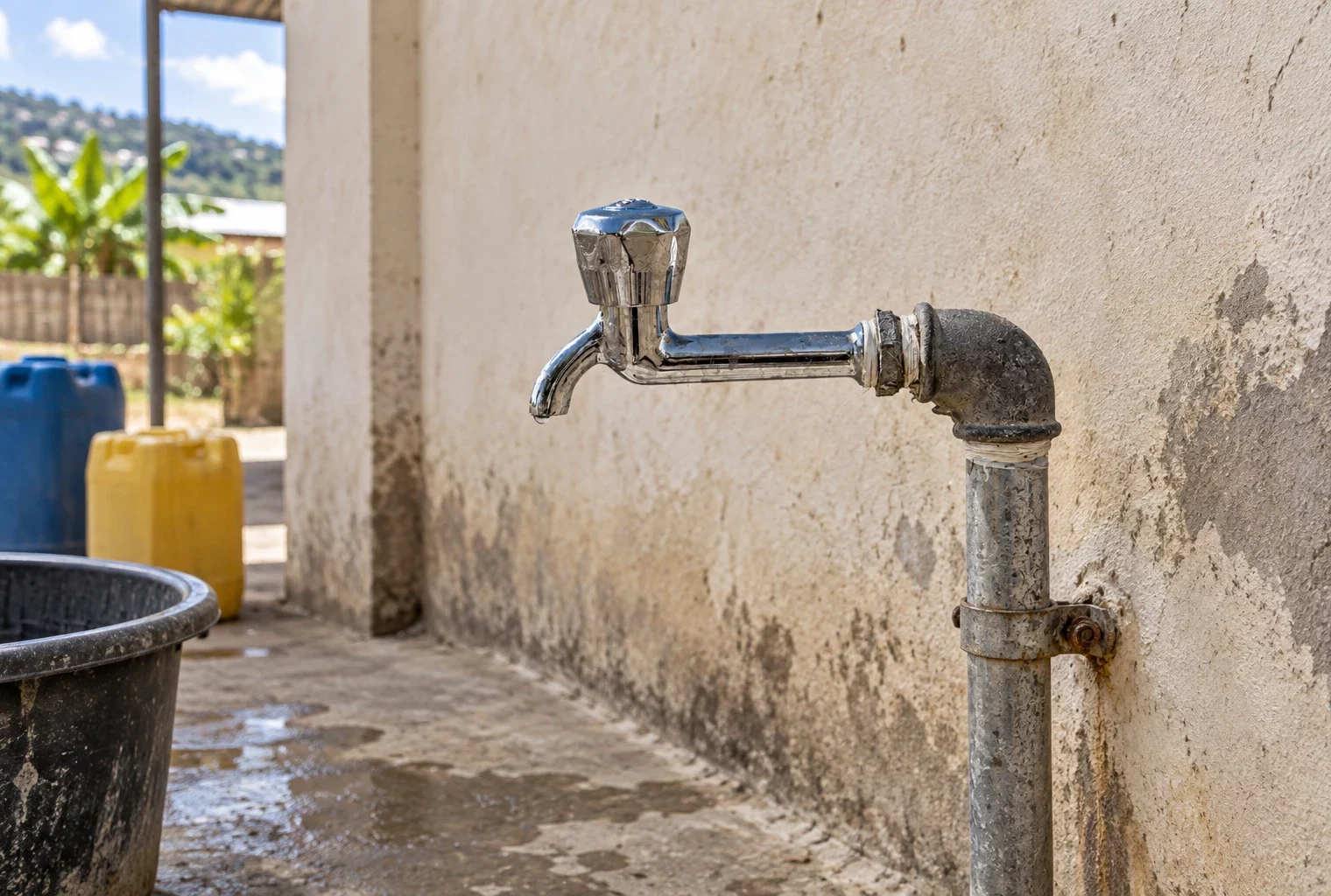 Robinet métallique usé fixé à une conduite apparente, dans un point d’eau collectif à Mayotte, devant un mur sobre et un sol en béton.